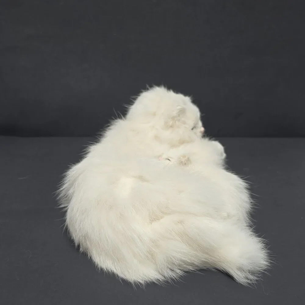 Vintage Sleeping White Fluffy Persian Mother Cat & Kitten Figurine Rabbit Hair